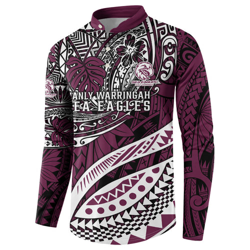 Personalised Manly Warringah Sea Eagles Button Sweatshirt Polynesian Tribal Art Style With Muscular Sea Eagle Mascot