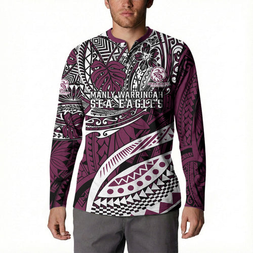 Personalised Manly Warringah Sea Eagles Button Sweatshirt Polynesian Tribal Art Style With Muscular Sea Eagle Mascot