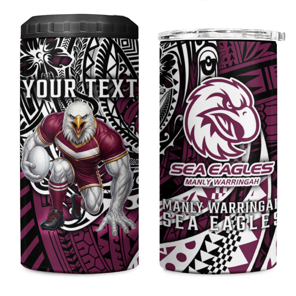 Personalised Manly Warringah Sea Eagles 4 in 1 Can Cooler Tumbler Polynesian Tribal Art Style With Muscular Sea Eagle Mascot