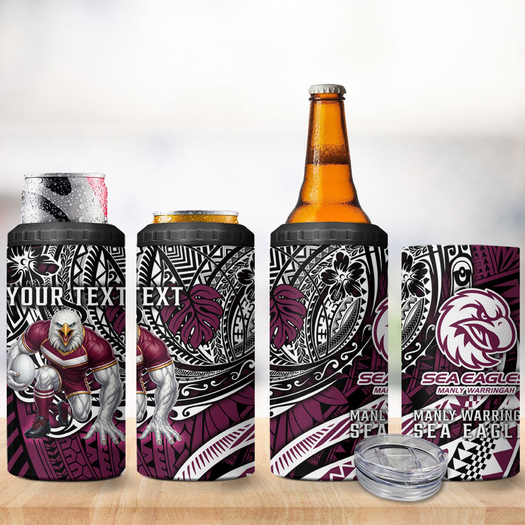Personalised Manly Warringah Sea Eagles 4 in 1 Can Cooler Tumbler Polynesian Tribal Art Style With Muscular Sea Eagle Mascot