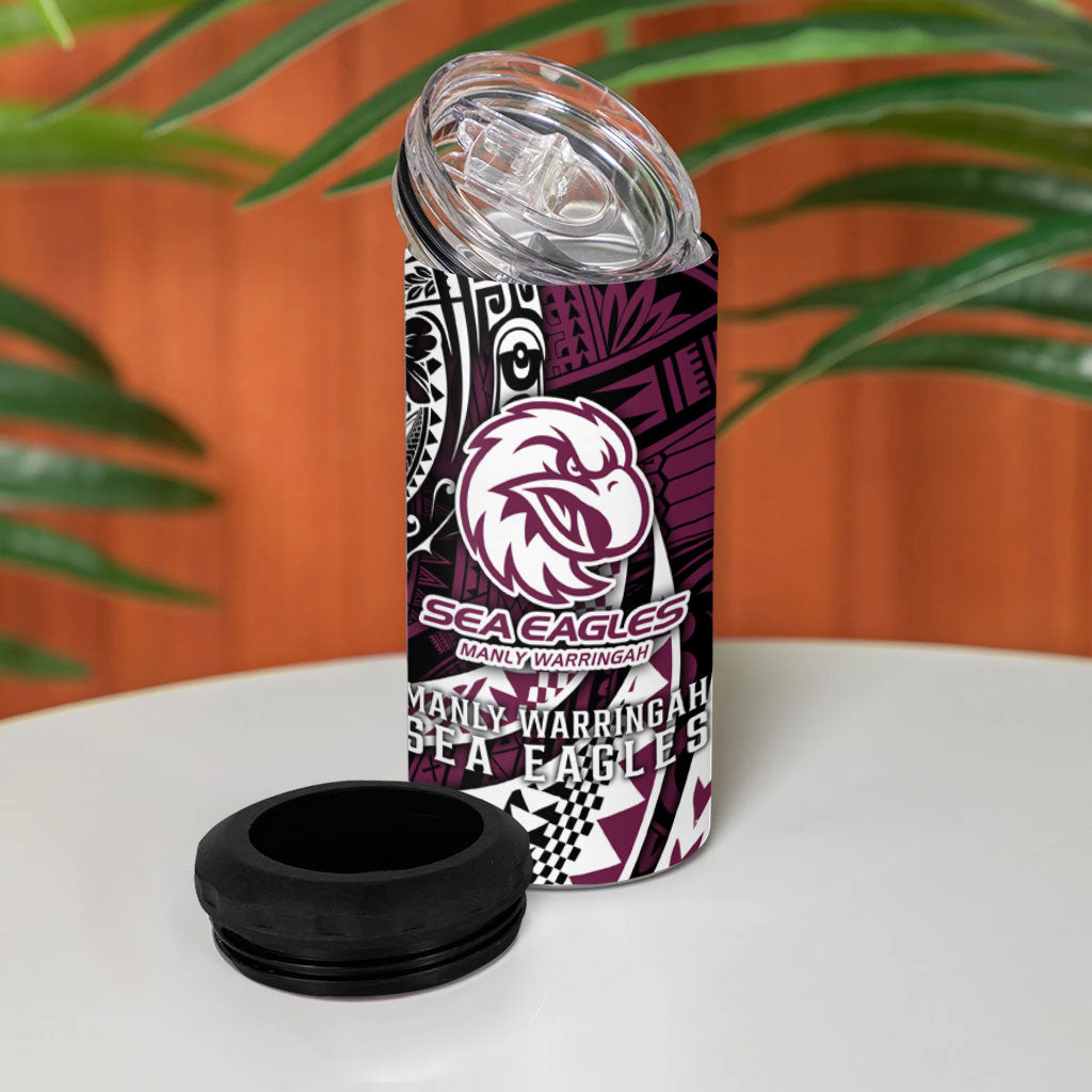 Personalised Manly Warringah Sea Eagles 4 in 1 Can Cooler Tumbler Polynesian Tribal Art Style With Muscular Sea Eagle Mascot