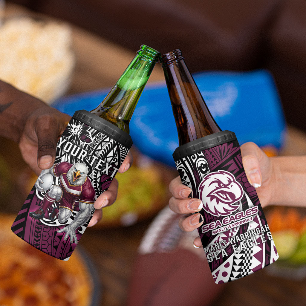 Personalised Manly Warringah Sea Eagles 4 in 1 Can Cooler Tumbler Polynesian Tribal Art Style With Muscular Sea Eagle Mascot