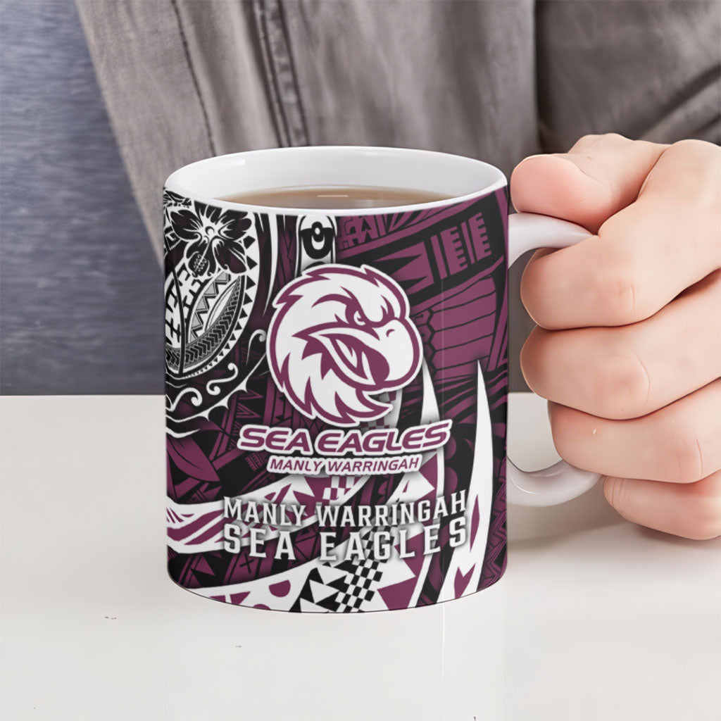 Personalised Manly Warringah Sea Eagles Ceramic Mug Polynesian Tribal Art Style With Muscular Sea Eagle Mascot