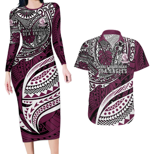 Personalised Manly Warringah Sea Eagles Couples Matching Long Sleeve Bodycon Dress and Hawaiian Shirt Polynesian Tribal Art Style With Muscular Sea Eagle Mascot