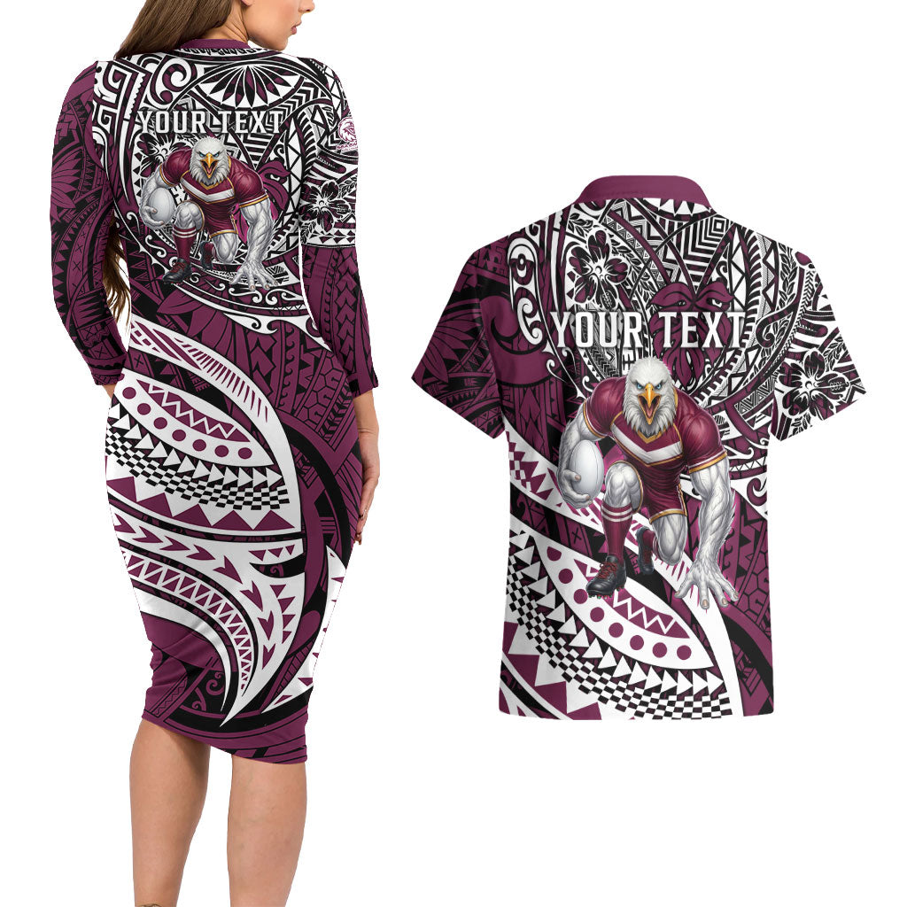 Personalised Manly Warringah Sea Eagles Couples Matching Long Sleeve Bodycon Dress and Hawaiian Shirt Polynesian Tribal Art Style With Muscular Sea Eagle Mascot