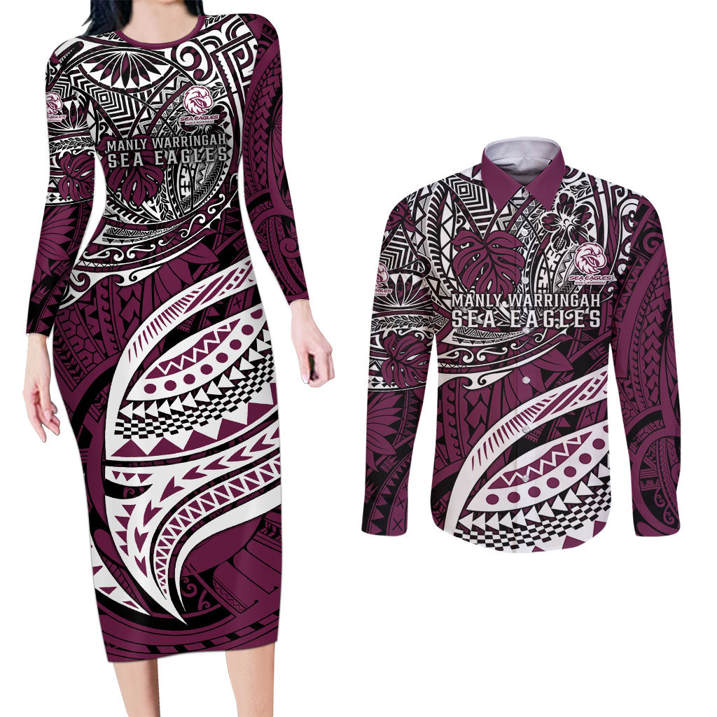 Personalised Manly Warringah Sea Eagles Couples Matching Long Sleeve Bodycon Dress and Long Sleeve Button Shirt Polynesian Tribal Art Style With Muscular Sea Eagle Mascot