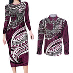 Personalised Manly Warringah Sea Eagles Couples Matching Long Sleeve Bodycon Dress and Long Sleeve Button Shirt Polynesian Tribal Art Style With Muscular Sea Eagle Mascot