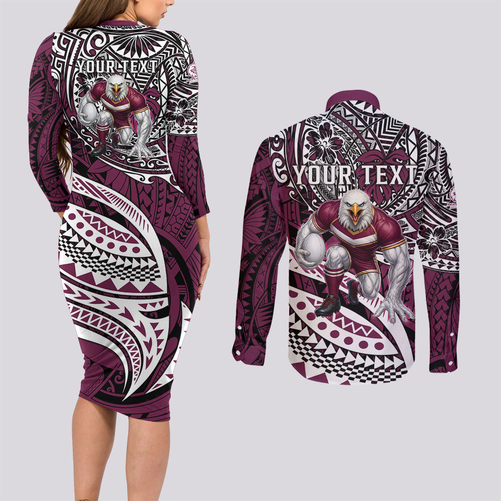 Personalised Manly Warringah Sea Eagles Couples Matching Long Sleeve Bodycon Dress and Long Sleeve Button Shirt Polynesian Tribal Art Style With Muscular Sea Eagle Mascot