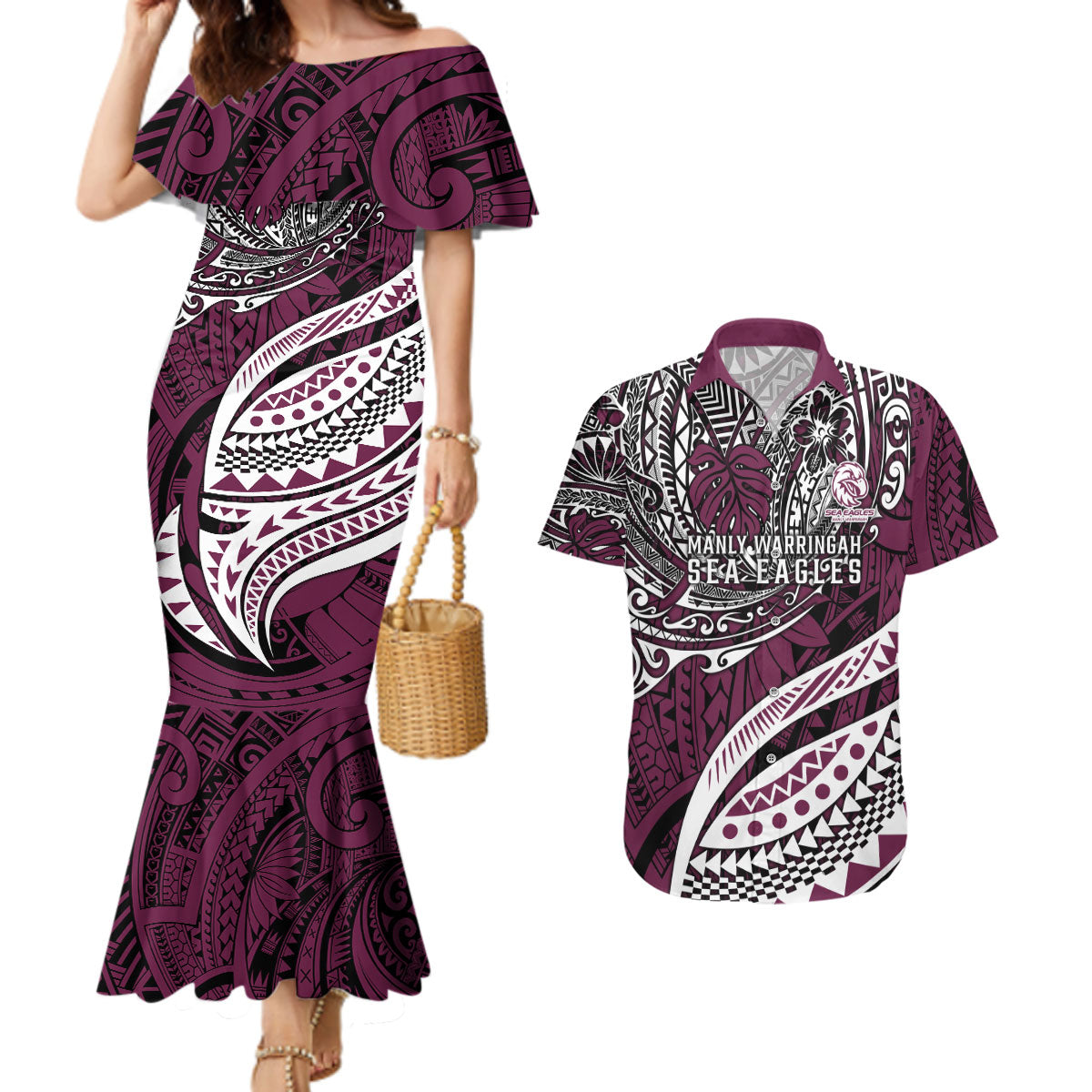 Personalised Manly Warringah Sea Eagles Couples Matching Mermaid Dress and Hawaiian Shirt Polynesian Tribal Art Style With Muscular Sea Eagle Mascot