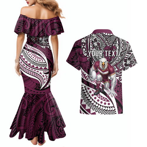 Personalised Manly Warringah Sea Eagles Couples Matching Mermaid Dress and Hawaiian Shirt Polynesian Tribal Art Style With Muscular Sea Eagle Mascot