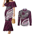 Personalised Manly Warringah Sea Eagles Couples Matching Mermaid Dress and Long Sleeve Button Shirt Polynesian Tribal Art Style With Muscular Sea Eagle Mascot