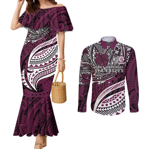 Personalised Manly Warringah Sea Eagles Couples Matching Mermaid Dress and Long Sleeve Button Shirt Polynesian Tribal Art Style With Muscular Sea Eagle Mascot