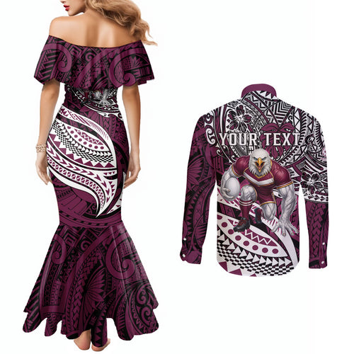 Personalised Manly Warringah Sea Eagles Couples Matching Mermaid Dress and Long Sleeve Button Shirt Polynesian Tribal Art Style With Muscular Sea Eagle Mascot