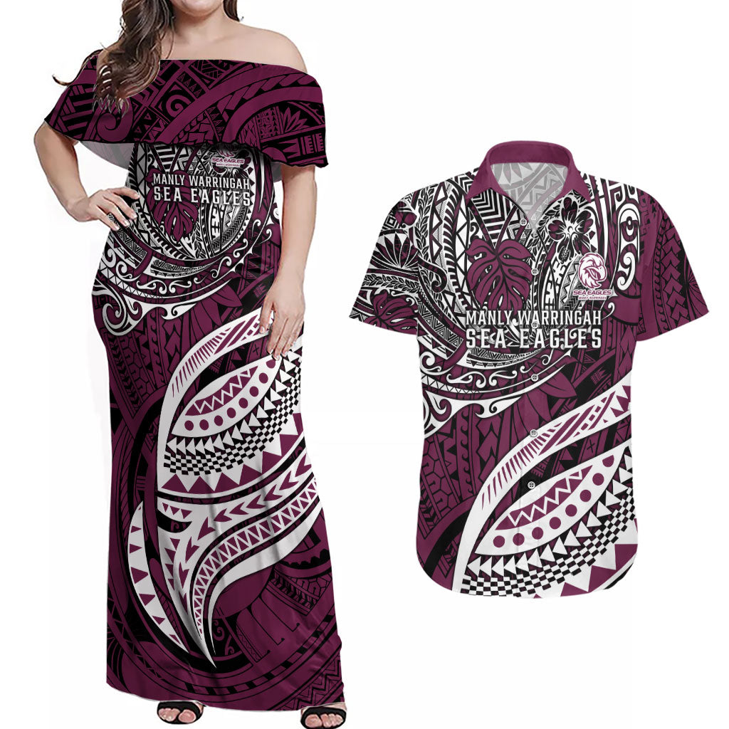Personalised Manly Warringah Sea Eagles Couples Matching Off Shoulder Maxi Dress and Hawaiian Shirt Polynesian Tribal Art Style With Muscular Sea Eagle Mascot