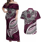 Personalised Manly Warringah Sea Eagles Couples Matching Off Shoulder Maxi Dress and Hawaiian Shirt Polynesian Tribal Art Style With Muscular Sea Eagle Mascot