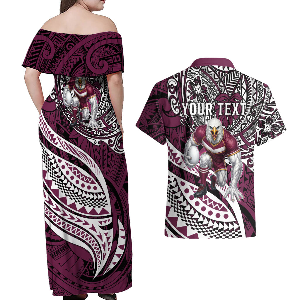 Personalised Manly Warringah Sea Eagles Couples Matching Off Shoulder Maxi Dress and Hawaiian Shirt Polynesian Tribal Art Style With Muscular Sea Eagle Mascot