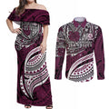 Personalised Manly Warringah Sea Eagles Couples Matching Off Shoulder Maxi Dress and Long Sleeve Button Shirt Polynesian Tribal Art Style With Muscular Sea Eagle Mascot