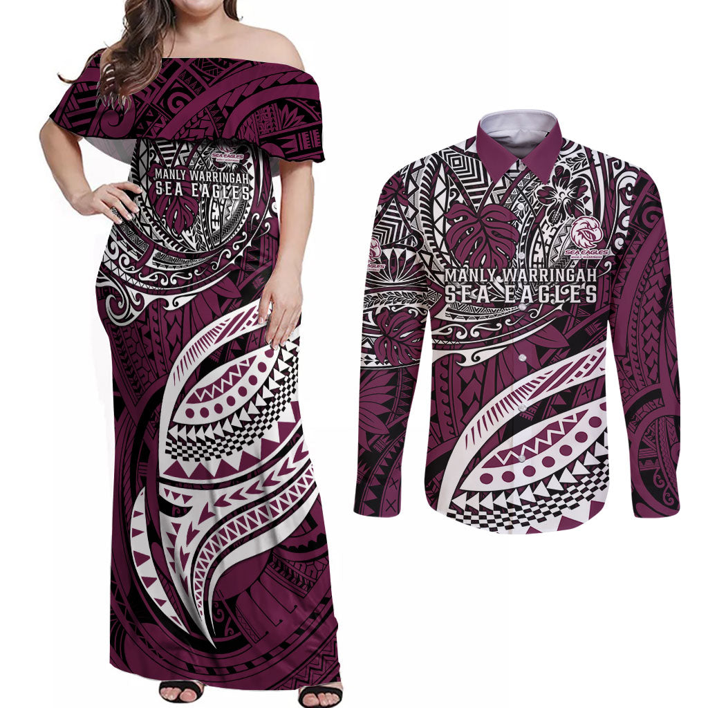Personalised Manly Warringah Sea Eagles Couples Matching Off Shoulder Maxi Dress and Long Sleeve Button Shirt Polynesian Tribal Art Style With Muscular Sea Eagle Mascot