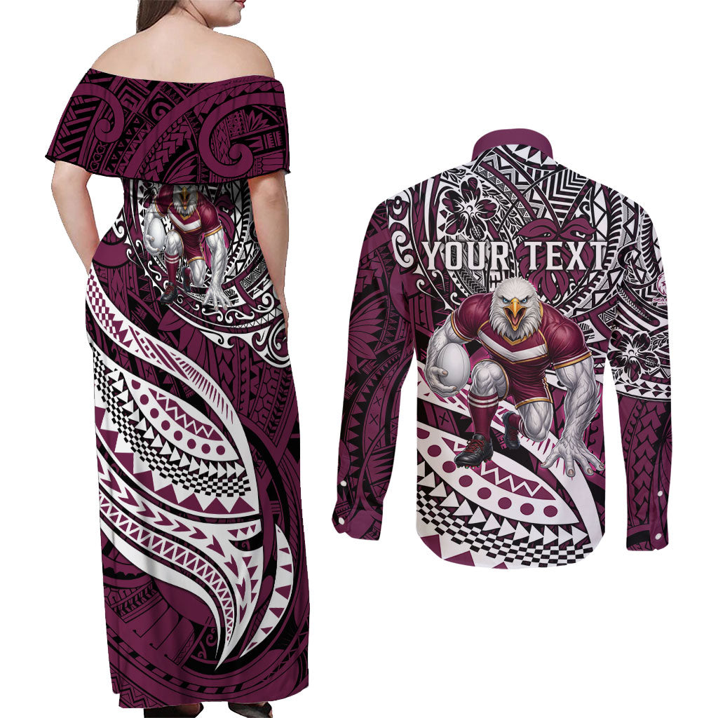 Personalised Manly Warringah Sea Eagles Couples Matching Off Shoulder Maxi Dress and Long Sleeve Button Shirt Polynesian Tribal Art Style With Muscular Sea Eagle Mascot