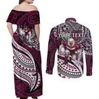 Personalised Manly Warringah Sea Eagles Couples Matching Off Shoulder Maxi Dress and Long Sleeve Button Shirt Polynesian Tribal Art Style With Muscular Sea Eagle Mascot