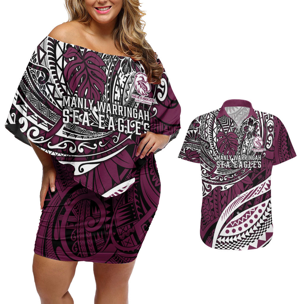 Personalised Manly Warringah Sea Eagles Couples Matching Off Shoulder Short Dress and Hawaiian Shirt Polynesian Tribal Art Style With Muscular Sea Eagle Mascot