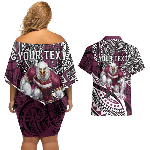 Personalised Manly Warringah Sea Eagles Couples Matching Off Shoulder Short Dress and Hawaiian Shirt Polynesian Tribal Art Style With Muscular Sea Eagle Mascot