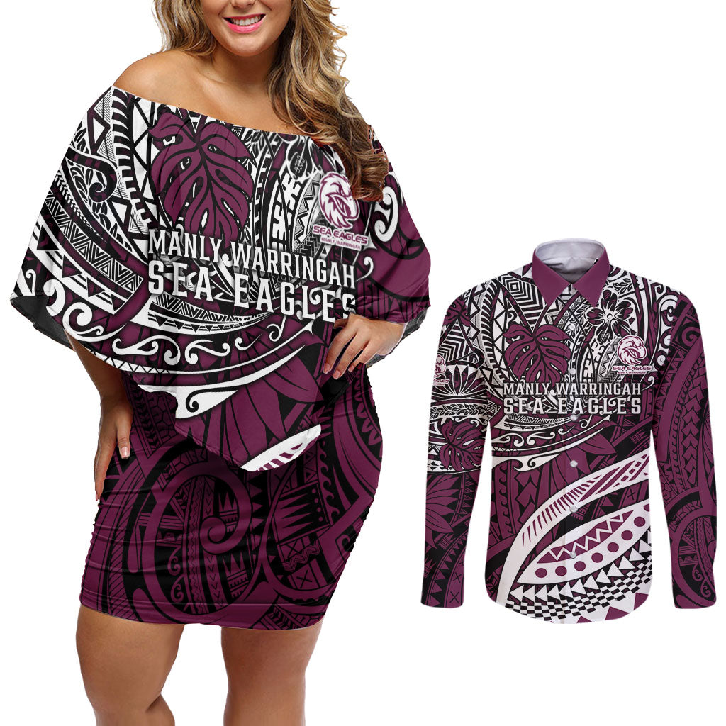 Personalised Manly Warringah Sea Eagles Couples Matching Off Shoulder Short Dress and Long Sleeve Button Shirt Polynesian Tribal Art Style With Muscular Sea Eagle Mascot