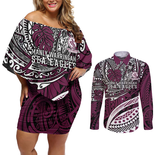Personalised Manly Warringah Sea Eagles Couples Matching Off Shoulder Short Dress and Long Sleeve Button Shirt Polynesian Tribal Art Style With Muscular Sea Eagle Mascot