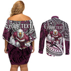 Personalised Manly Warringah Sea Eagles Couples Matching Off Shoulder Short Dress and Long Sleeve Button Shirt Polynesian Tribal Art Style With Muscular Sea Eagle Mascot