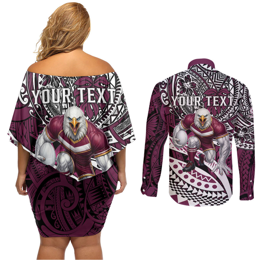 Personalised Manly Warringah Sea Eagles Couples Matching Off Shoulder Short Dress and Long Sleeve Button Shirt Polynesian Tribal Art Style With Muscular Sea Eagle Mascot