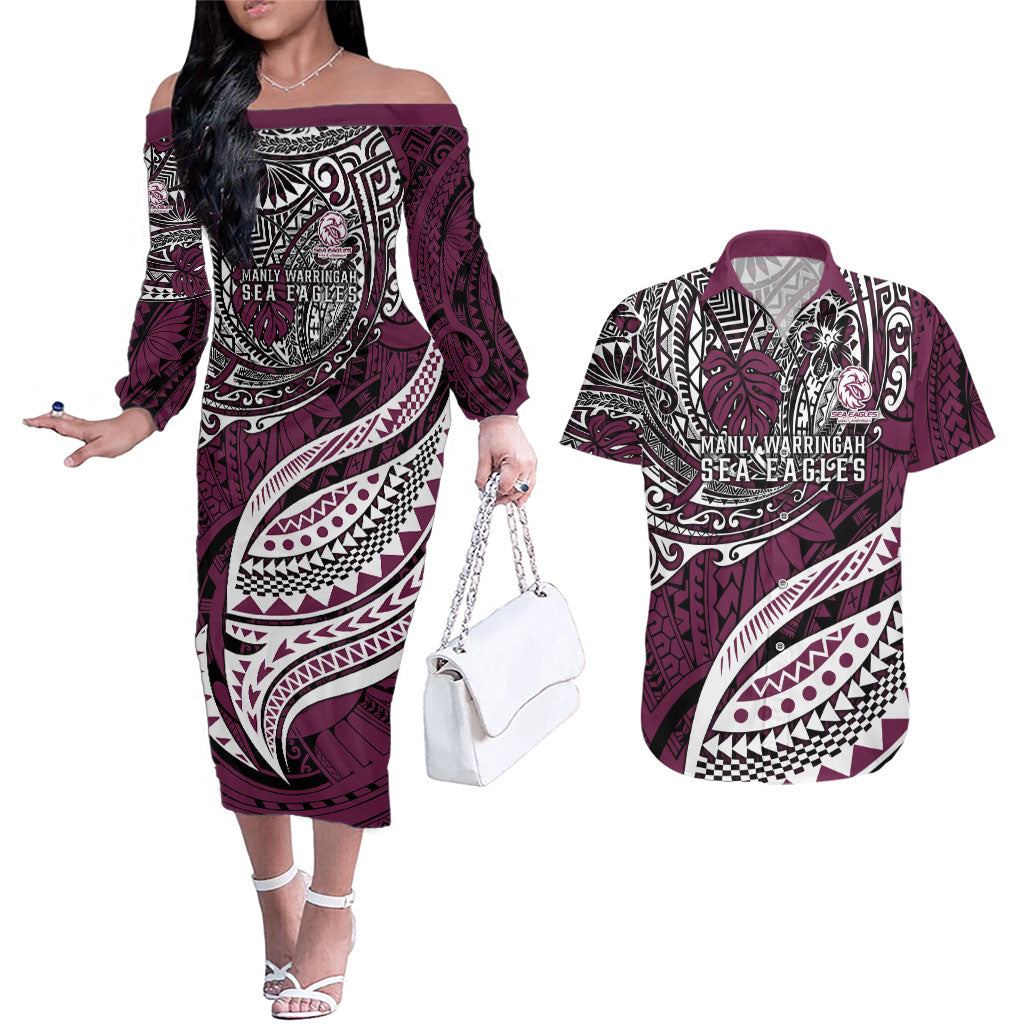 Personalised Manly Warringah Sea Eagles Couples Matching Off The Shoulder Long Sleeve Dress and Hawaiian Shirt Polynesian Tribal Art Style With Muscular Sea Eagle Mascot