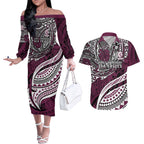Personalised Manly Warringah Sea Eagles Couples Matching Off The Shoulder Long Sleeve Dress and Hawaiian Shirt Polynesian Tribal Art Style With Muscular Sea Eagle Mascot