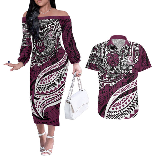 Personalised Manly Warringah Sea Eagles Couples Matching Off The Shoulder Long Sleeve Dress and Hawaiian Shirt Polynesian Tribal Art Style With Muscular Sea Eagle Mascot