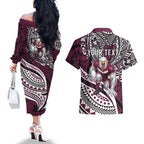 Personalised Manly Warringah Sea Eagles Couples Matching Off The Shoulder Long Sleeve Dress and Hawaiian Shirt Polynesian Tribal Art Style With Muscular Sea Eagle Mascot