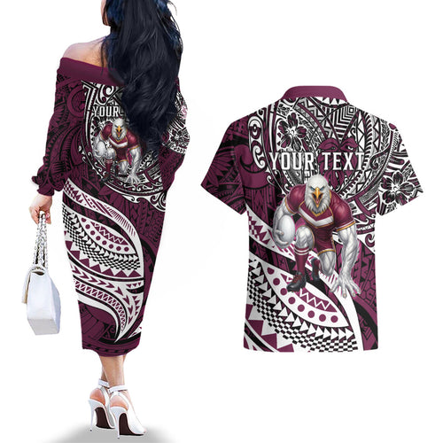 Personalised Manly Warringah Sea Eagles Couples Matching Off The Shoulder Long Sleeve Dress and Hawaiian Shirt Polynesian Tribal Art Style With Muscular Sea Eagle Mascot