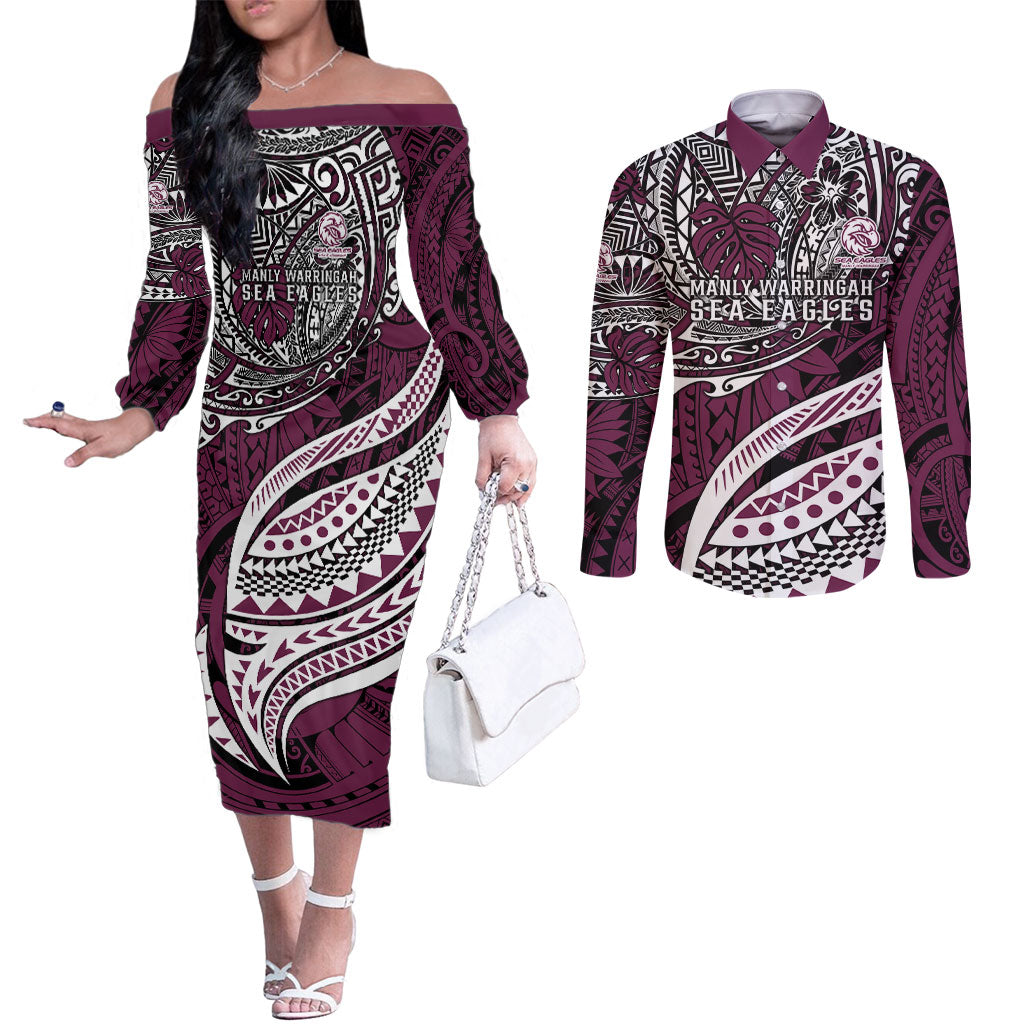 Personalised Manly Warringah Sea Eagles Couples Matching Off The Shoulder Long Sleeve Dress and Long Sleeve Button Shirt Polynesian Tribal Art Style With Muscular Sea Eagle Mascot