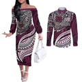 Personalised Manly Warringah Sea Eagles Couples Matching Off The Shoulder Long Sleeve Dress and Long Sleeve Button Shirt Polynesian Tribal Art Style With Muscular Sea Eagle Mascot