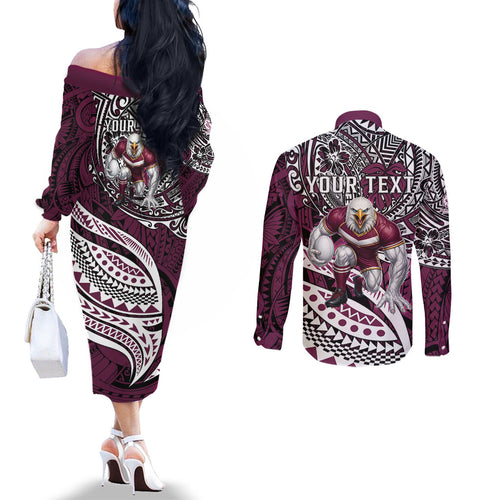 Personalised Manly Warringah Sea Eagles Couples Matching Off The Shoulder Long Sleeve Dress and Long Sleeve Button Shirt Polynesian Tribal Art Style With Muscular Sea Eagle Mascot