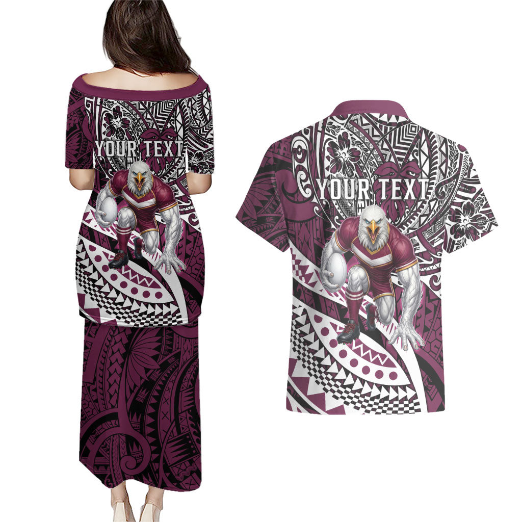 Personalised Manly Warringah Sea Eagles Couples Matching Puletasi and Hawaiian Shirt Polynesian Tribal Art Style With Muscular Sea Eagle Mascot