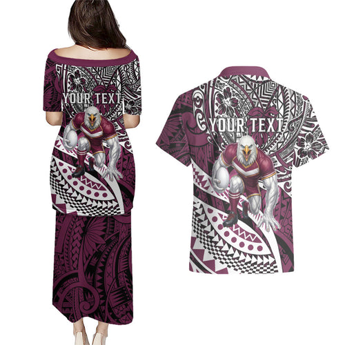 Personalised Manly Warringah Sea Eagles Couples Matching Puletasi and Hawaiian Shirt Polynesian Tribal Art Style With Muscular Sea Eagle Mascot