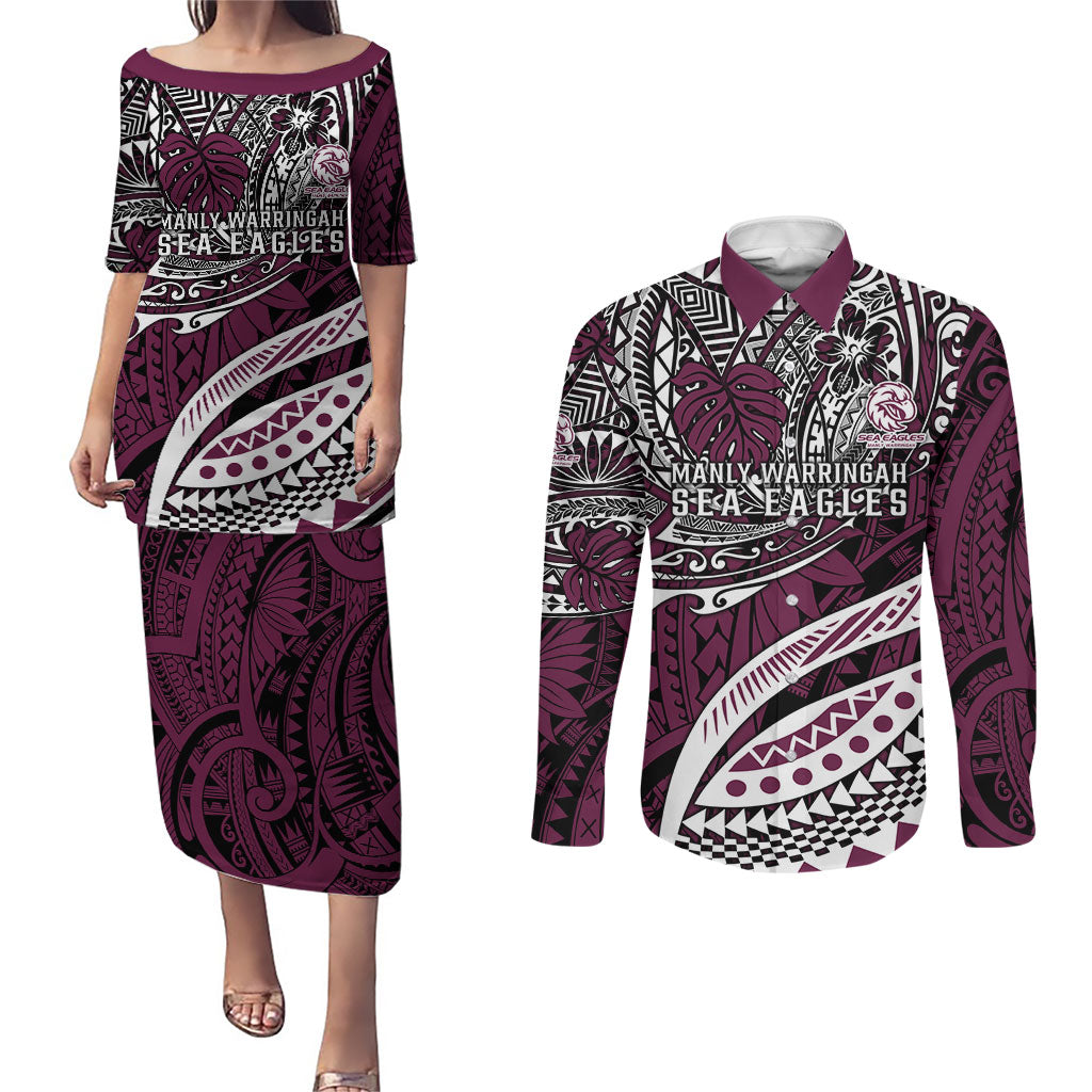 Personalised Manly Warringah Sea Eagles Couples Matching Puletasi and Long Sleeve Button Shirt Polynesian Tribal Art Style With Muscular Sea Eagle Mascot