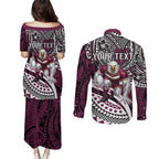 Personalised Manly Warringah Sea Eagles Couples Matching Puletasi and Long Sleeve Button Shirt Polynesian Tribal Art Style With Muscular Sea Eagle Mascot