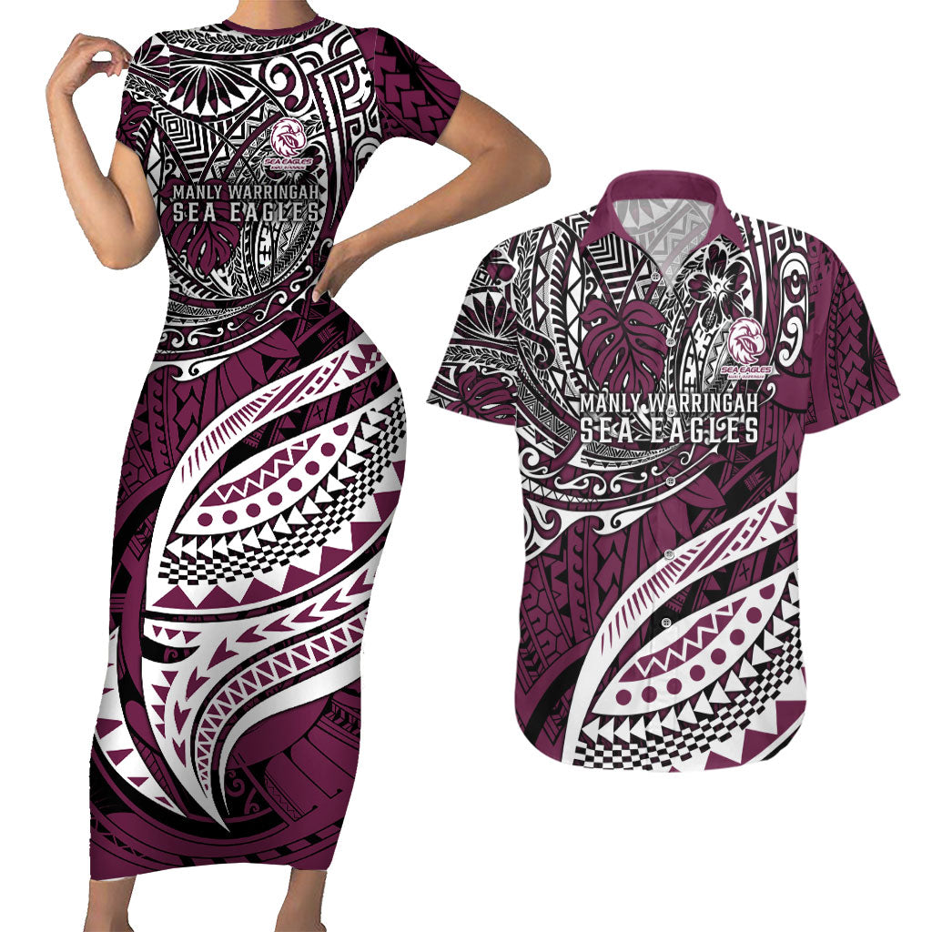 Personalised Manly Warringah Sea Eagles Couples Matching Short Sleeve Bodycon Dress and Hawaiian Shirt Polynesian Tribal Art Style With Muscular Sea Eagle Mascot