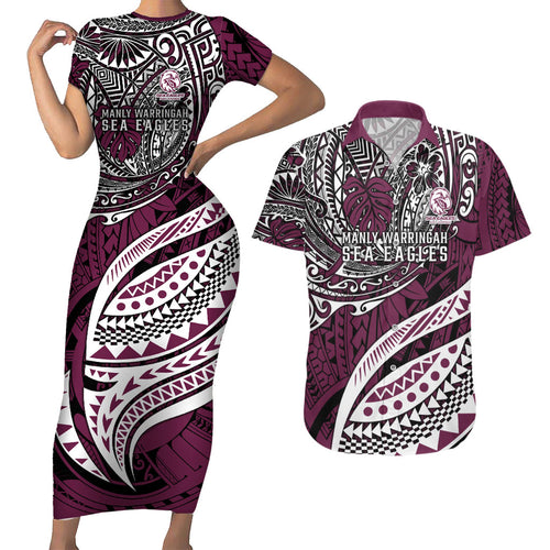 Personalised Manly Warringah Sea Eagles Couples Matching Short Sleeve Bodycon Dress and Hawaiian Shirt Polynesian Tribal Art Style With Muscular Sea Eagle Mascot