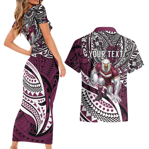 Personalised Manly Warringah Sea Eagles Couples Matching Short Sleeve Bodycon Dress and Hawaiian Shirt Polynesian Tribal Art Style With Muscular Sea Eagle Mascot