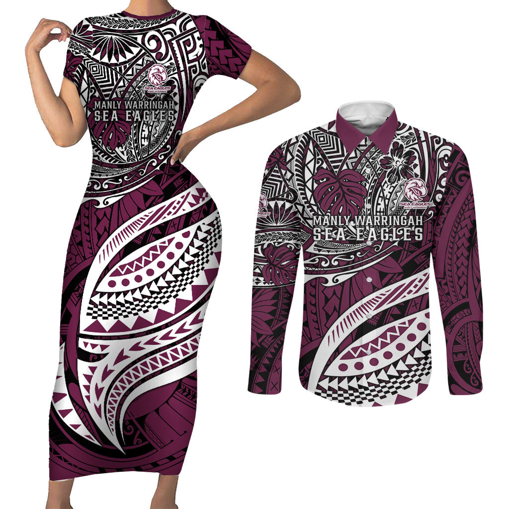 Personalised Manly Warringah Sea Eagles Couples Matching Short Sleeve Bodycon Dress and Long Sleeve Button Shirt Polynesian Tribal Art Style With Muscular Sea Eagle Mascot