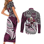 Personalised Manly Warringah Sea Eagles Couples Matching Short Sleeve Bodycon Dress and Long Sleeve Button Shirt Polynesian Tribal Art Style With Muscular Sea Eagle Mascot