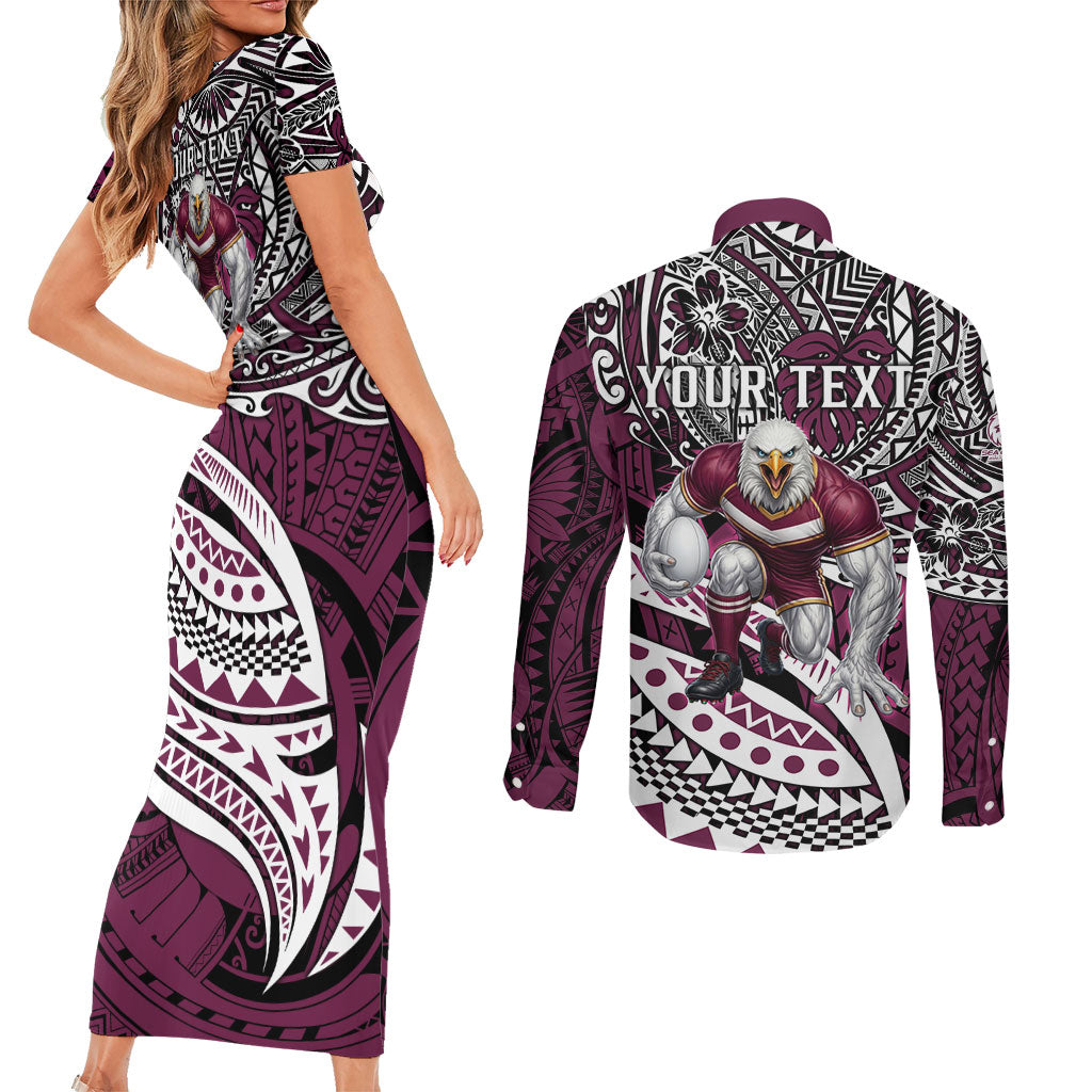 Personalised Manly Warringah Sea Eagles Couples Matching Short Sleeve Bodycon Dress and Long Sleeve Button Shirt Polynesian Tribal Art Style With Muscular Sea Eagle Mascot
