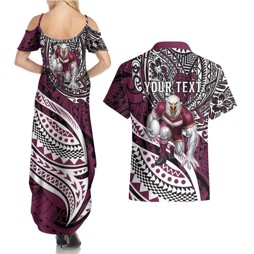 Personalised Manly Warringah Sea Eagles Couples Matching Summer Maxi Dress and Hawaiian Shirt Polynesian Tribal Art Style With Muscular Sea Eagle Mascot