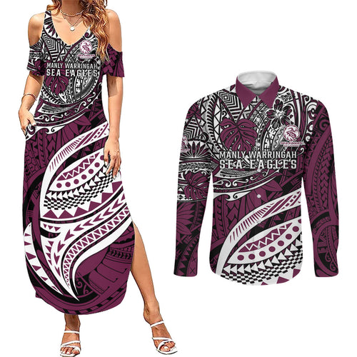 Personalised Manly Warringah Sea Eagles Couples Matching Summer Maxi Dress and Long Sleeve Button Shirt Polynesian Tribal Art Style With Muscular Sea Eagle Mascot
